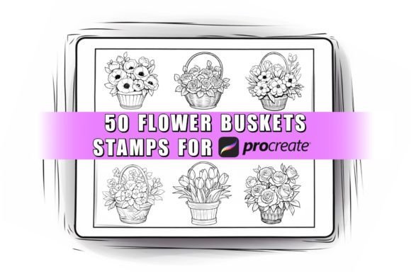 50 Flower Basket Procreate Stamps for Instant Design